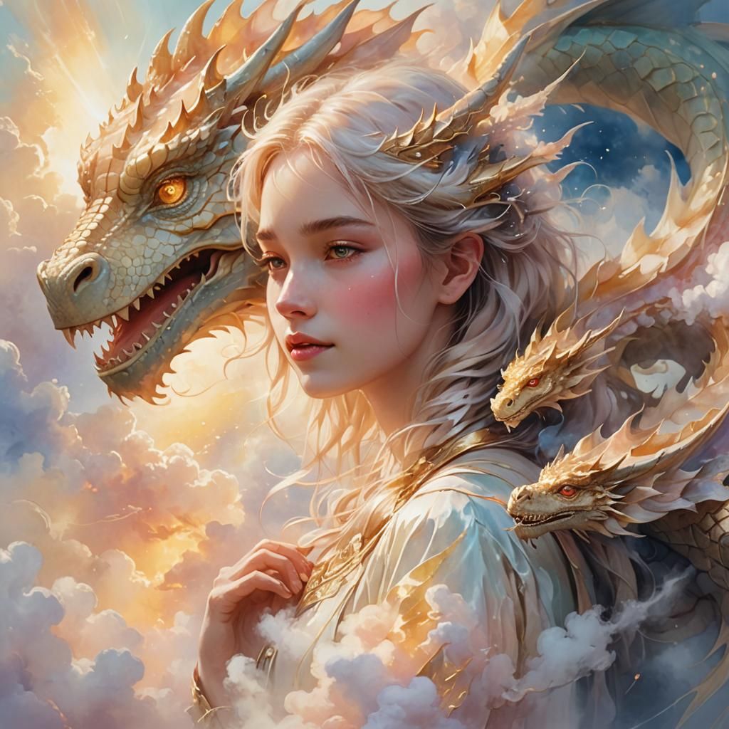 Girl Hugging Cloud Dragon in Watercolor Style