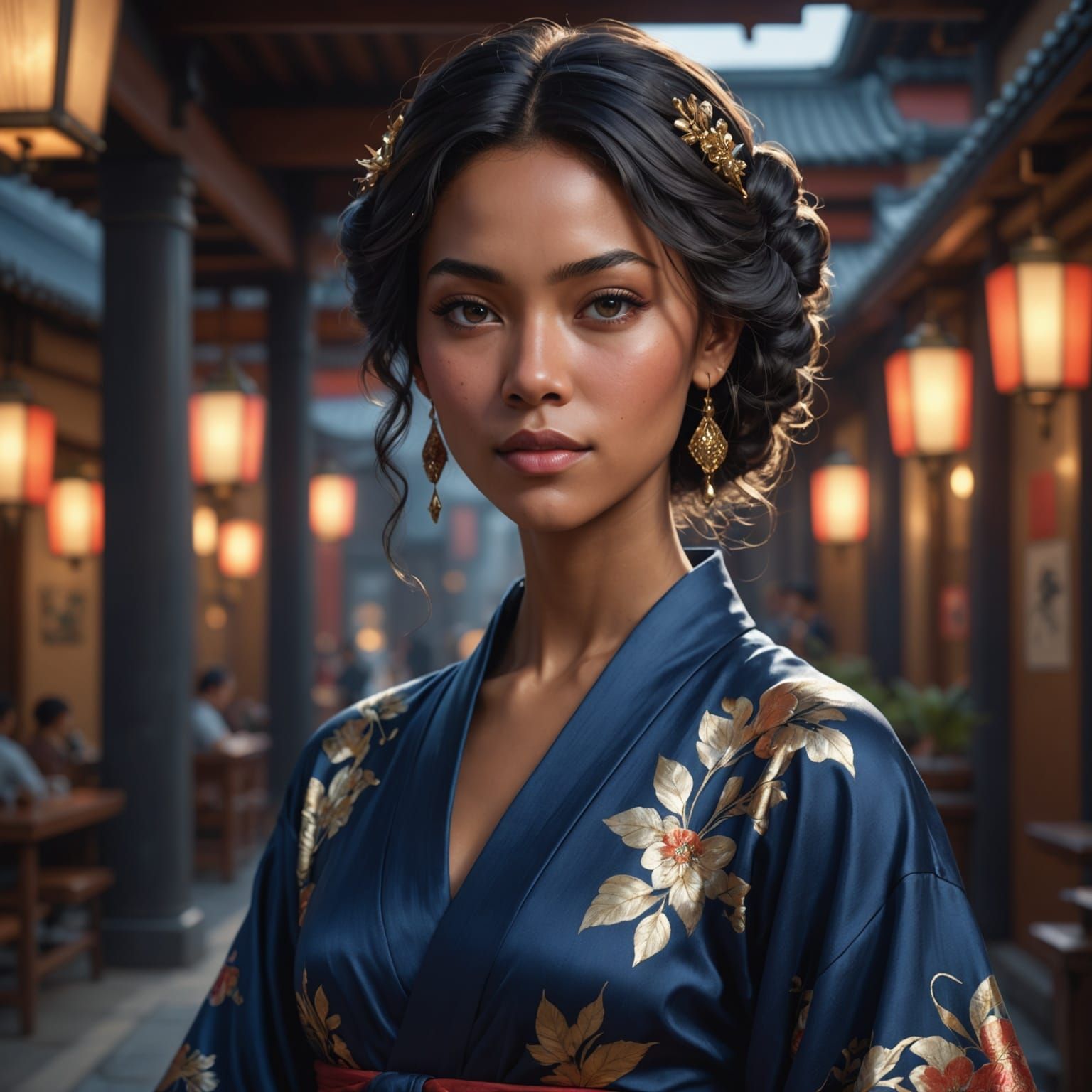 Surreal Evening Portrait in Navy-Blue Kimono, Mixed-Race Sup...