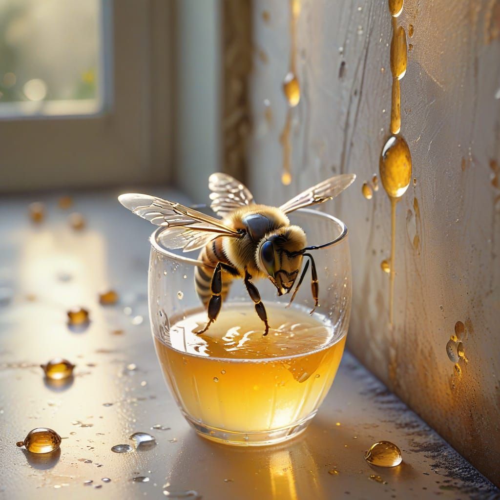 Surreal Bee Descends Golden Morning Light Filled Glass