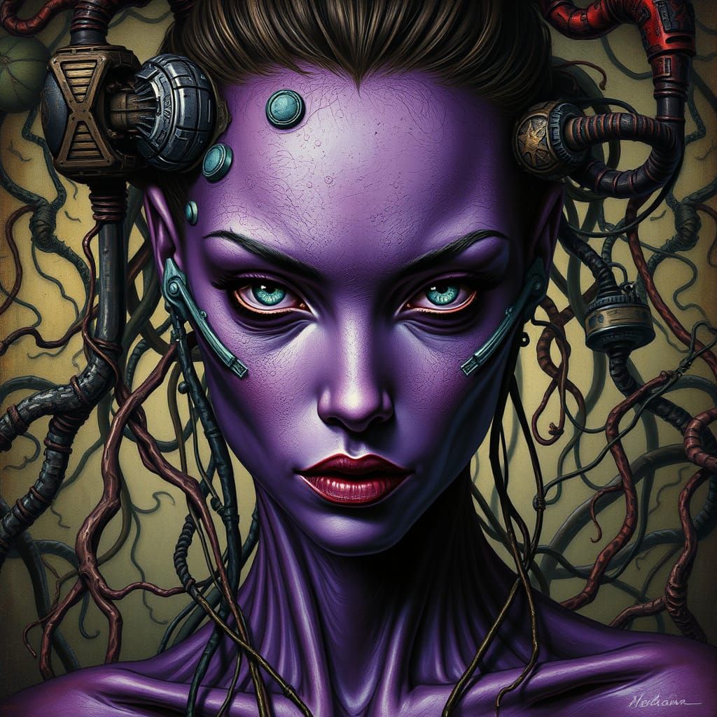 Surreal Cyborg Woman Portrait in Giger Style