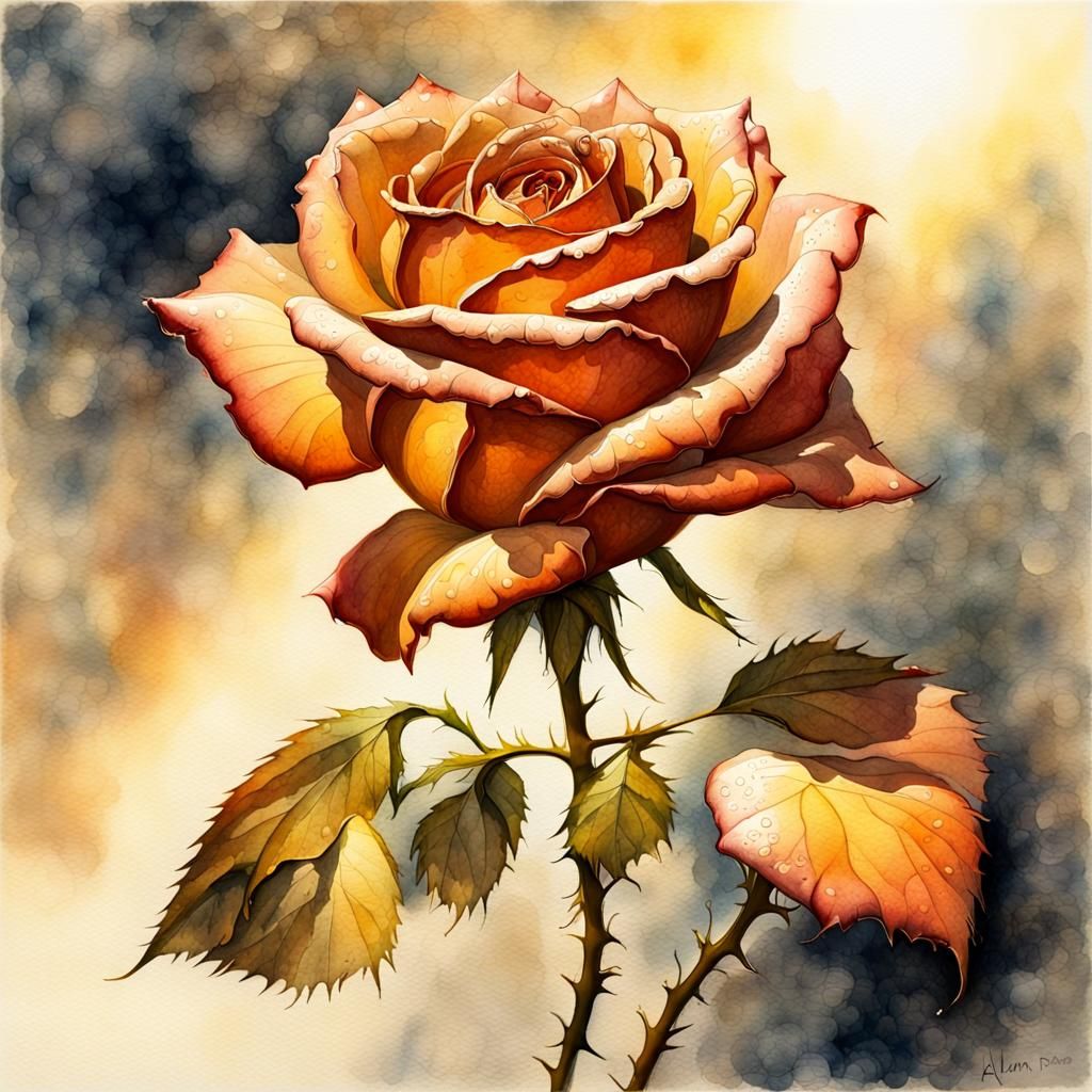 a rose made of gleaming metal, wrought of copper and gold, spackled with dew, under warm sunshine, watercolor, 8k hd, al...
