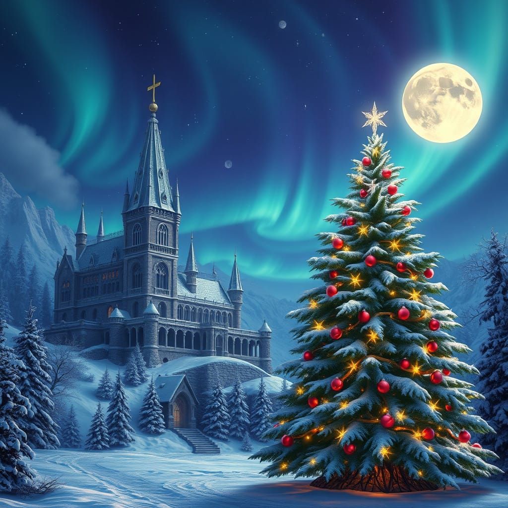 Mystical Christmas Castle Under Starry Night Sky