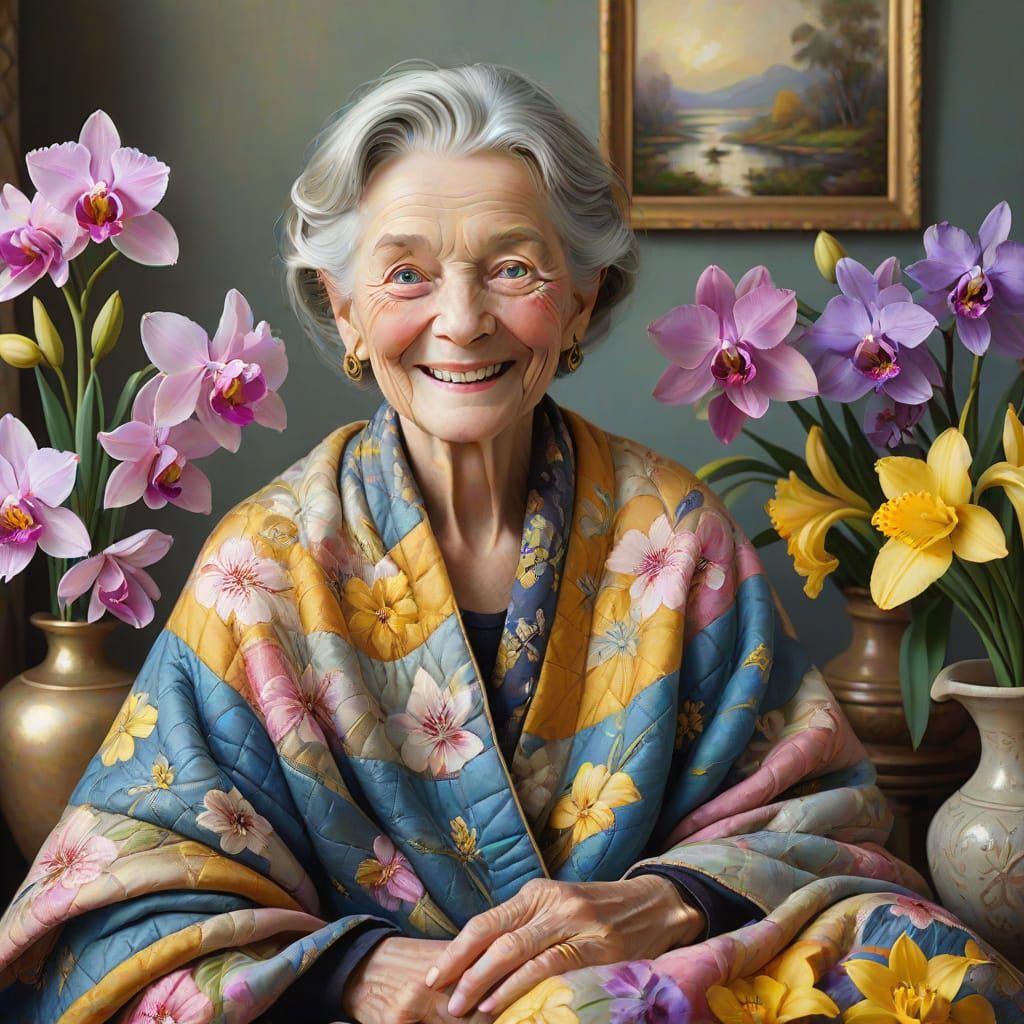 Elderly Woman in Luxurious Quilt as Oil Painting