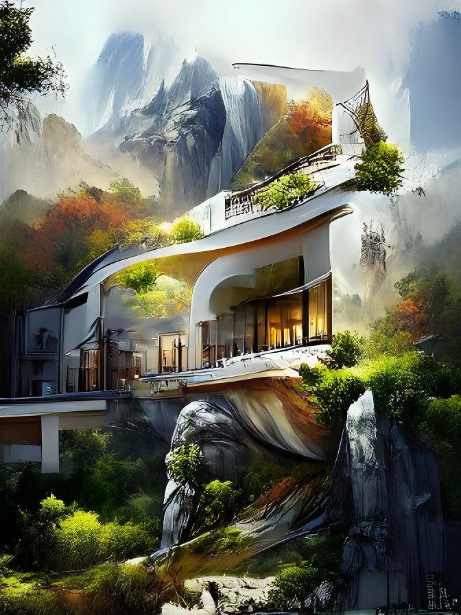 Futuristic Mountainside Home in Digital Painting Style