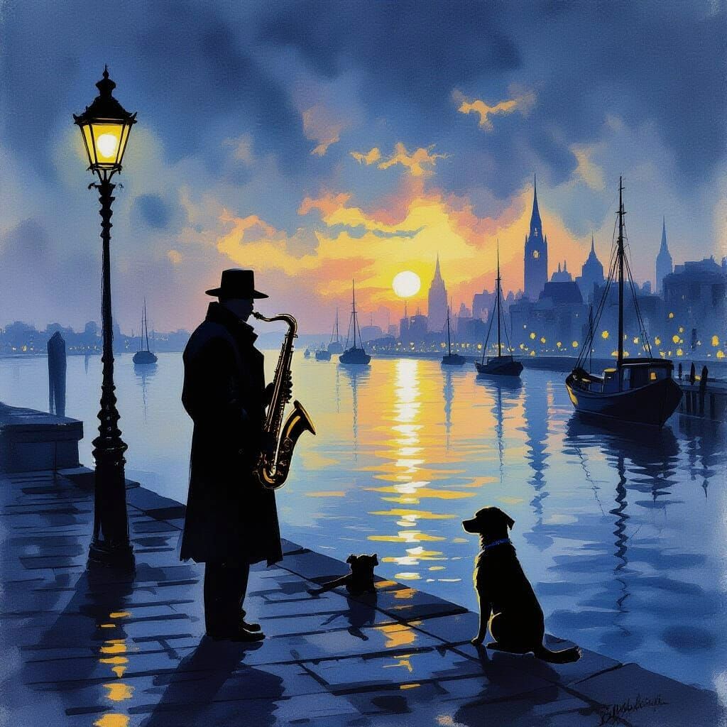 Jazz Musician and Dog at Twilight in Impressionistic Style