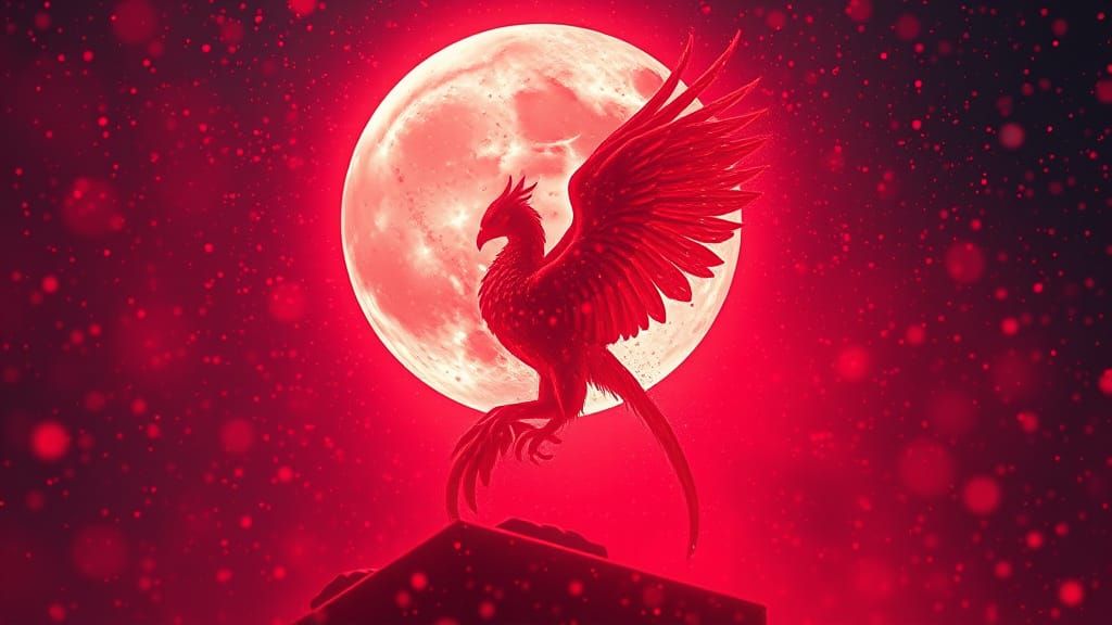 Phoenix Rising in Red Snowstorm: Abstract Photorealism