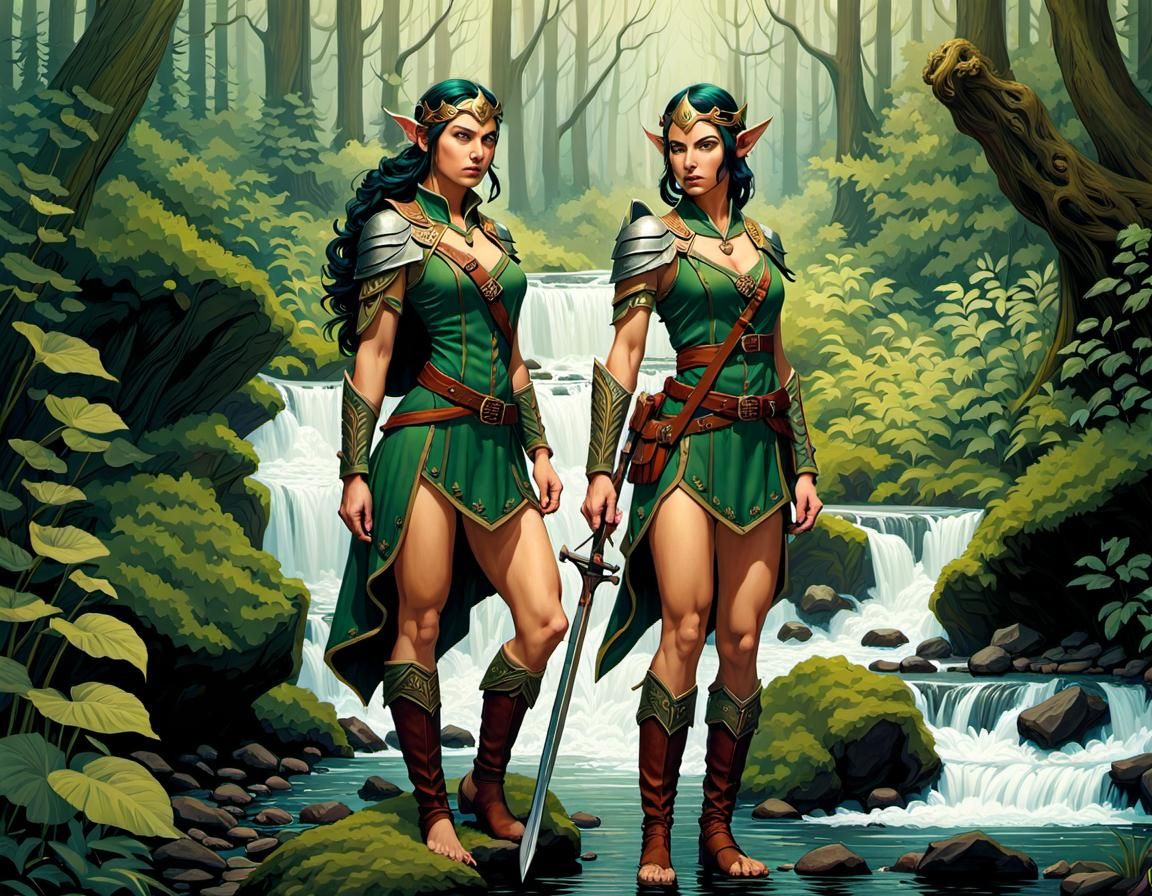Forest Elf in Combat Stance by Stream