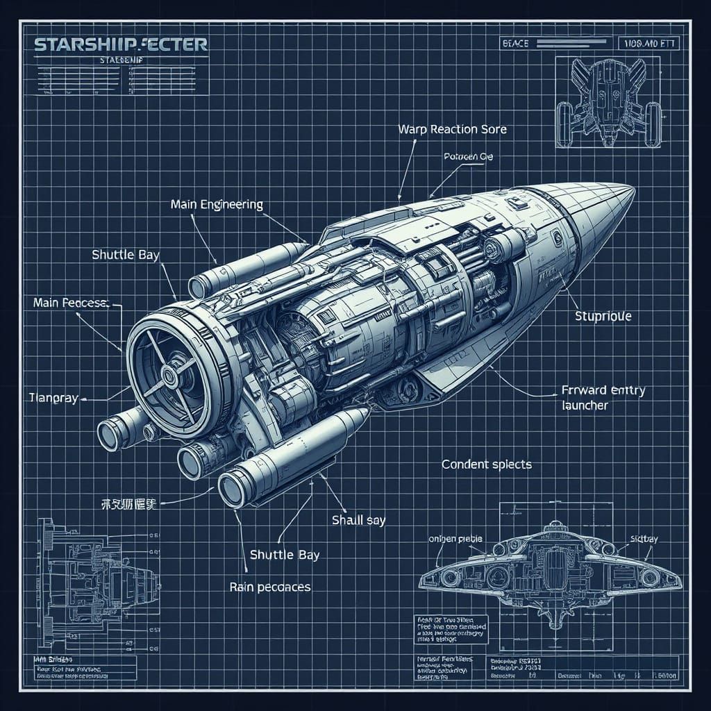 Rocket Ship Technical Blueprint in Blueprint Art Style