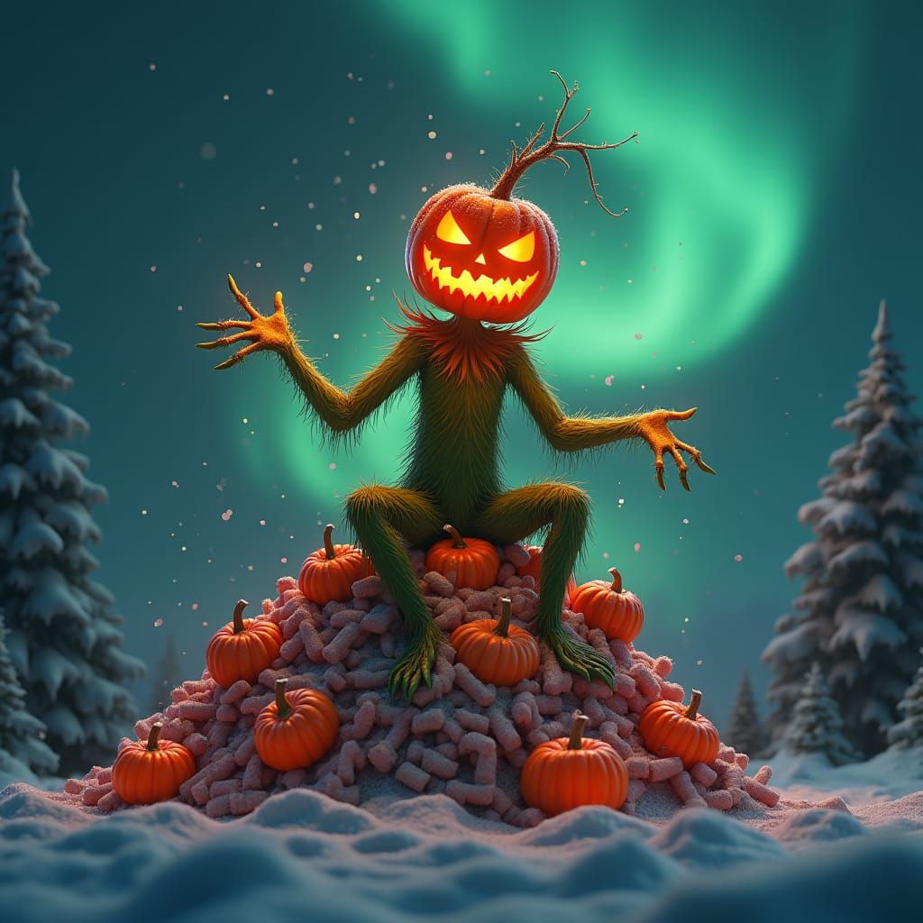 Grinch Pumpkinhead Steals Halloween Under Northern Lights