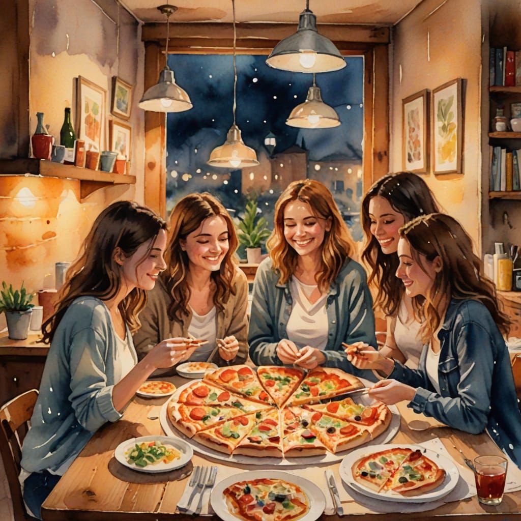 Friends Enjoying Pizza Night: Watercolor Painting