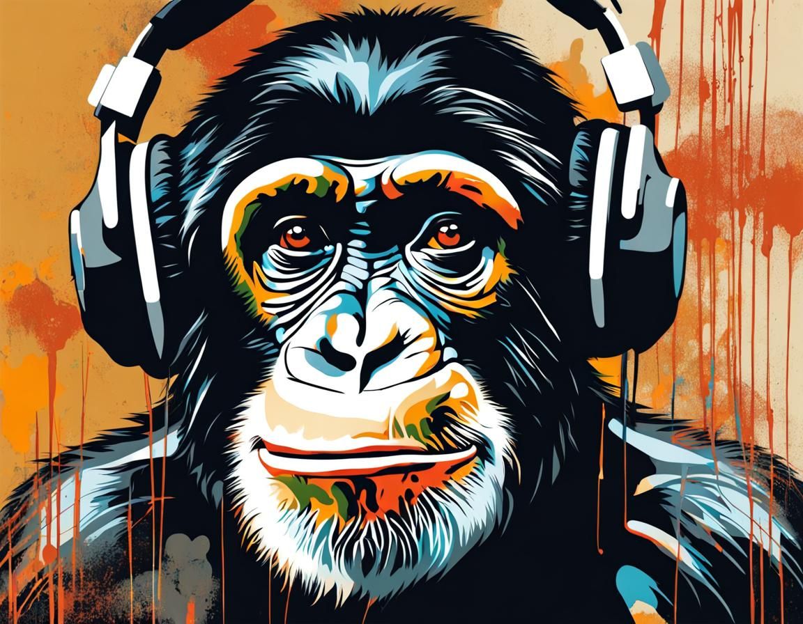 Chimpanzee with Headphones: Graffiti Stencil Art