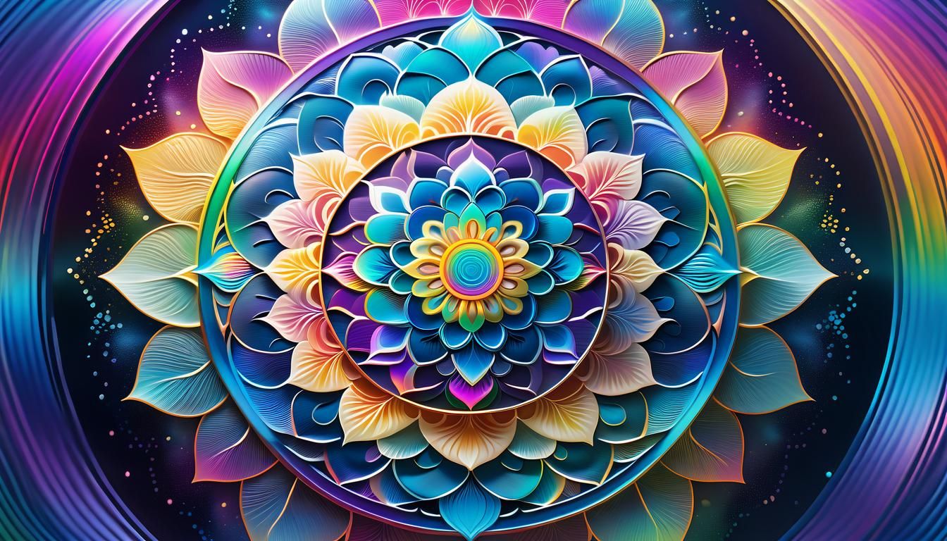 Peaceful Spirit in Rainbow Mandala, Cosmic Illustration