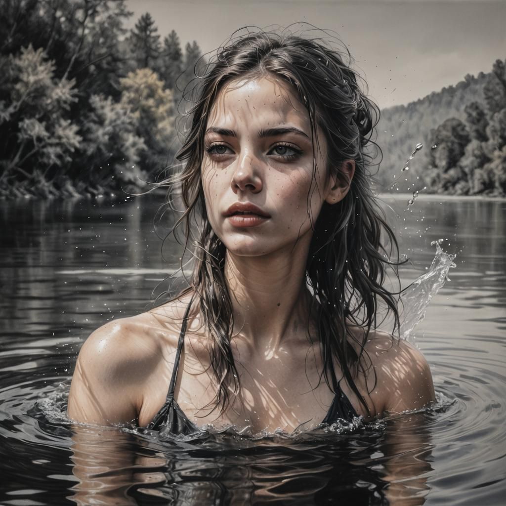 Hyperrealistic Charcoal Drawing of Woman in Lake