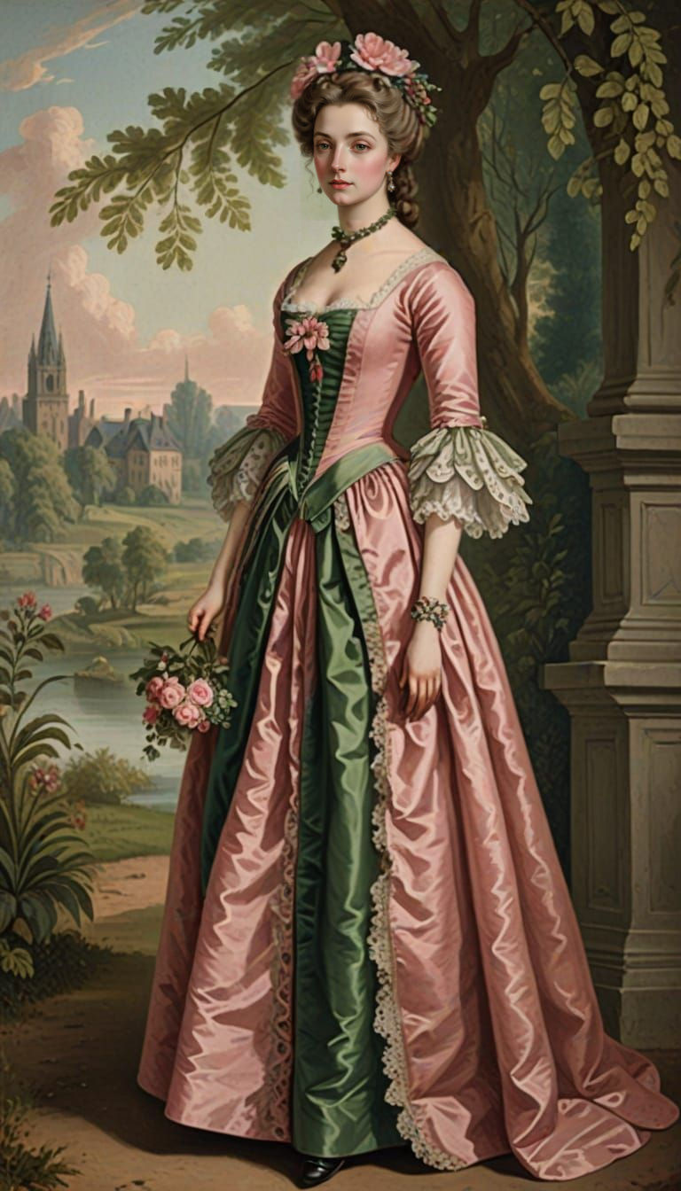 Eighteenth Century Lady in Pink and Green Gown