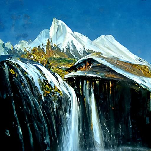 Waterfall and Mountains: An Oil Painting