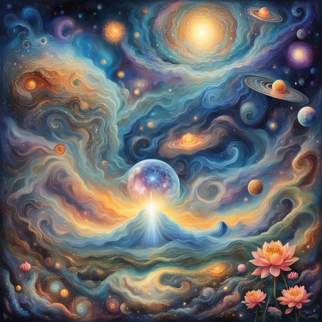 Cosmic Dreamscape: Lotus Flower Unfolding in Rainbow Galaxy