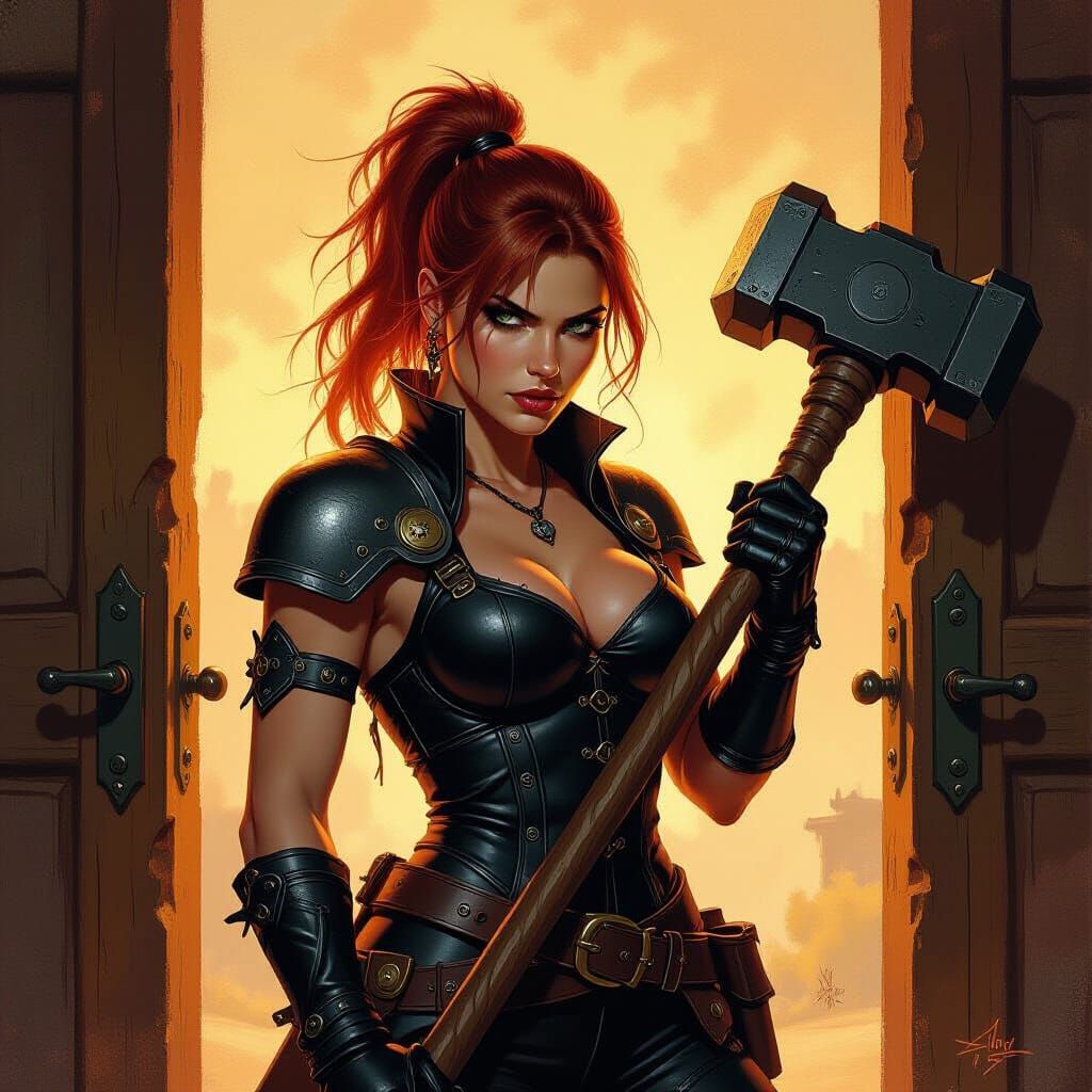 Fiery-Haired Warrior with Warhammer, in Fantasy Oil Painting...