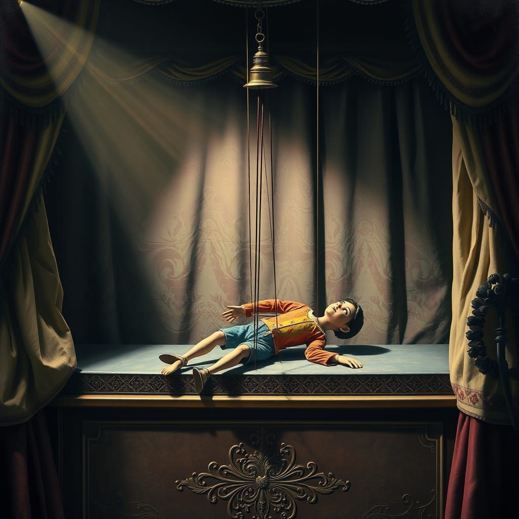 Marionette's Broken Strings in Pop Surrealist Style