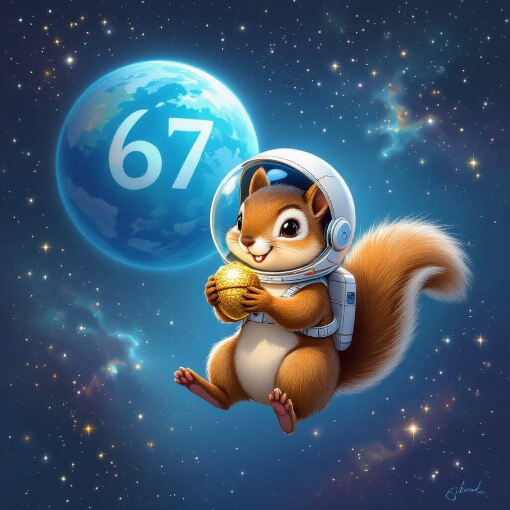 Cute Squirrel in Space with Acorn and Planet 67