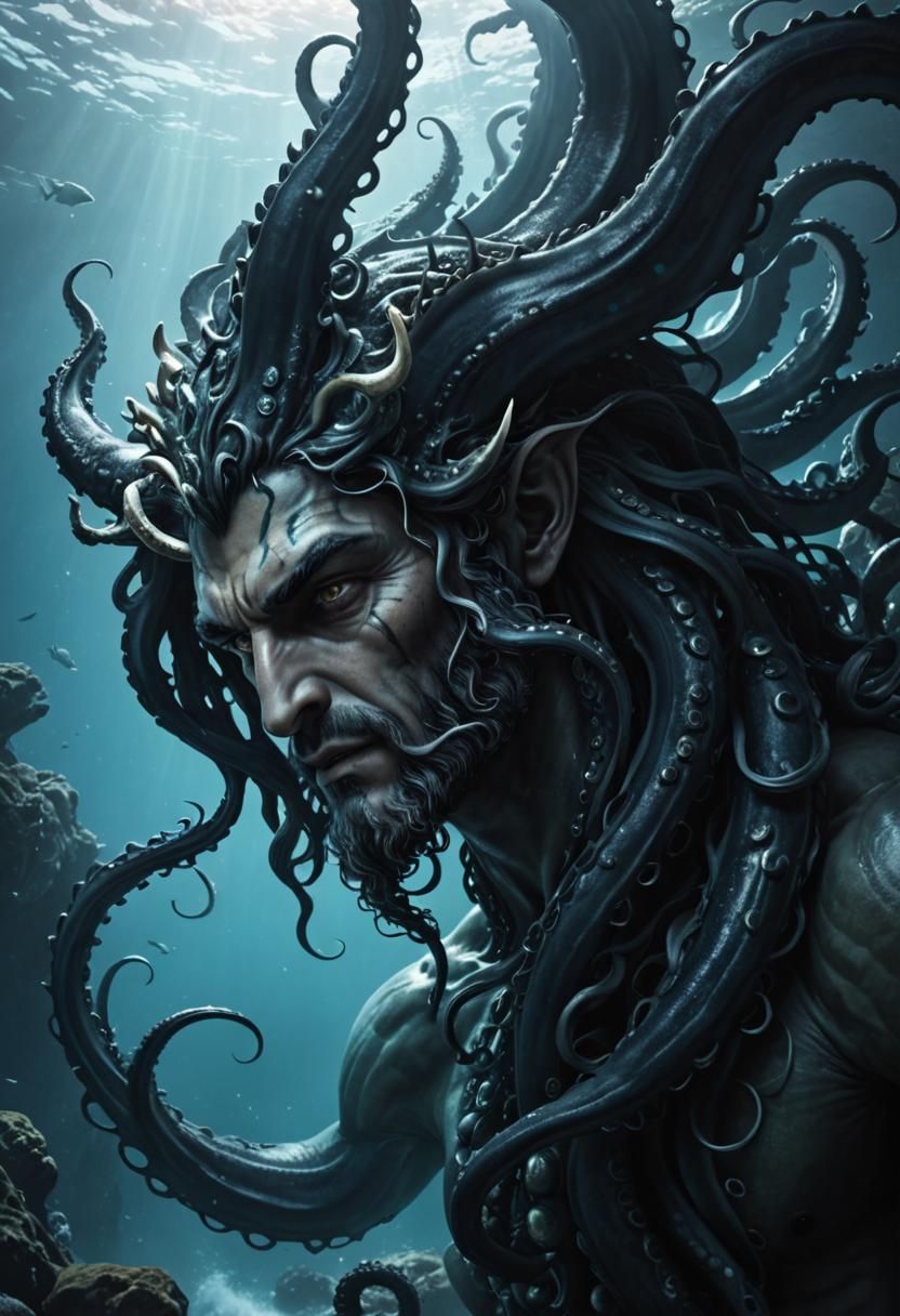 Intimidating Beardless Poseidon with Tentacles: Hyperrealist...