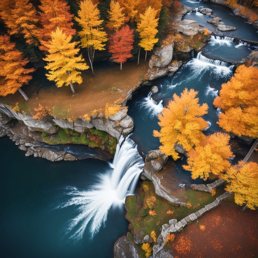 Drone Shot of Autumn Leaves Flowing Over a Waterfall
