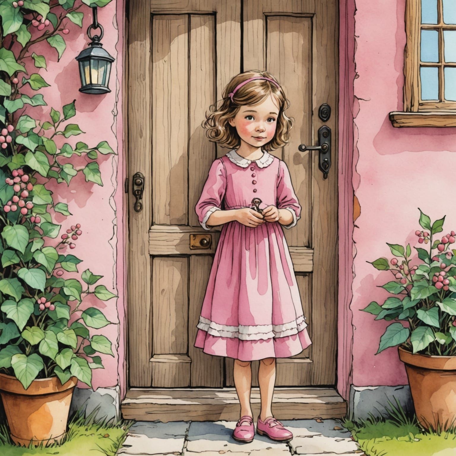 Girl with Key at Door: Storybook Illustration