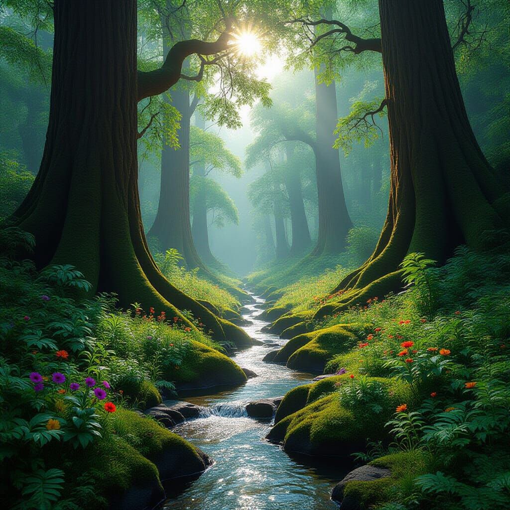 Hyper Realistic Forest Landscape with Ancient Trees and Stre...