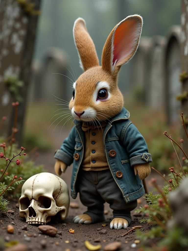 Rabbit Gravedigger in Whimsical Gothic Style