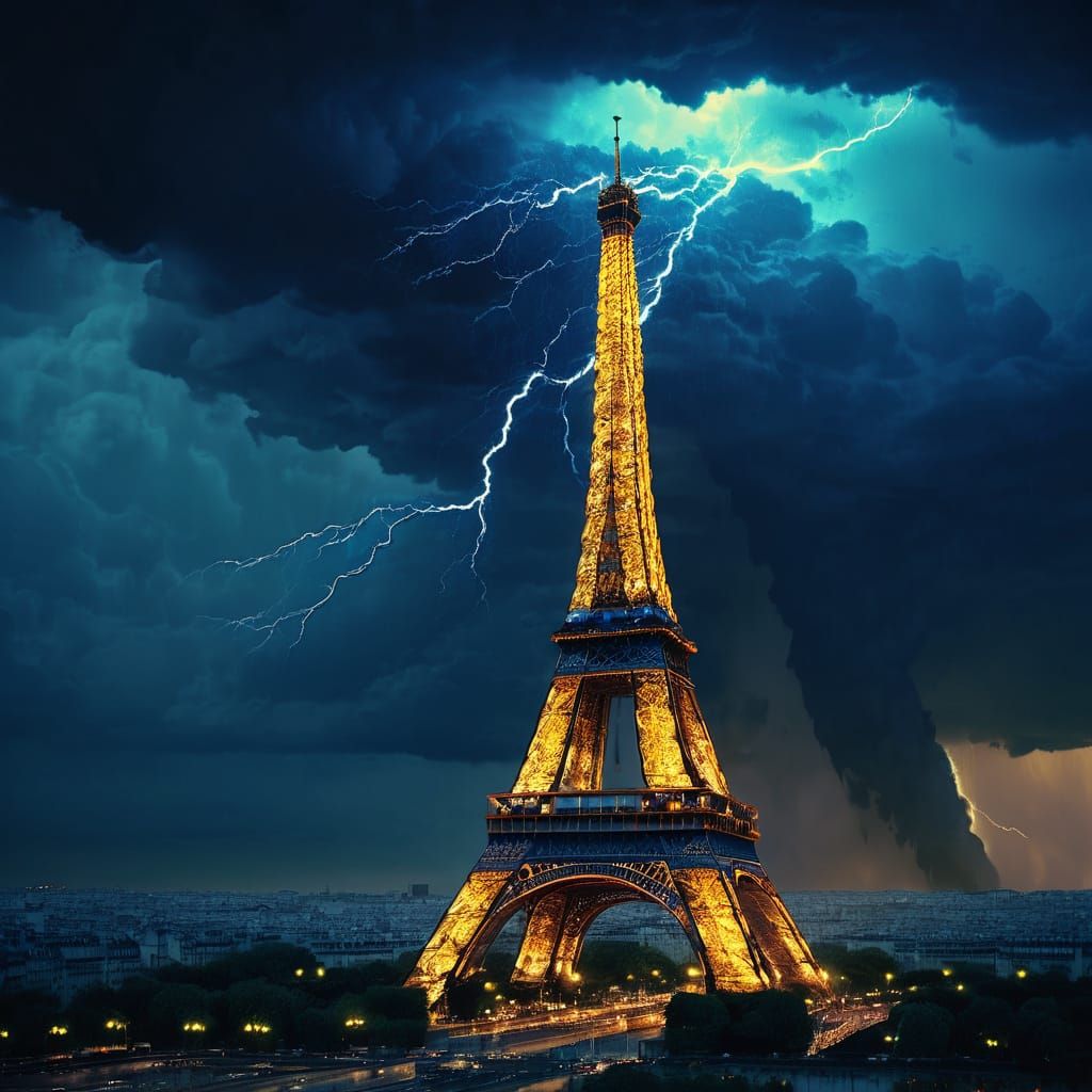 Eiffel Tower Struck by Lightning in Dramatic Oil Painting