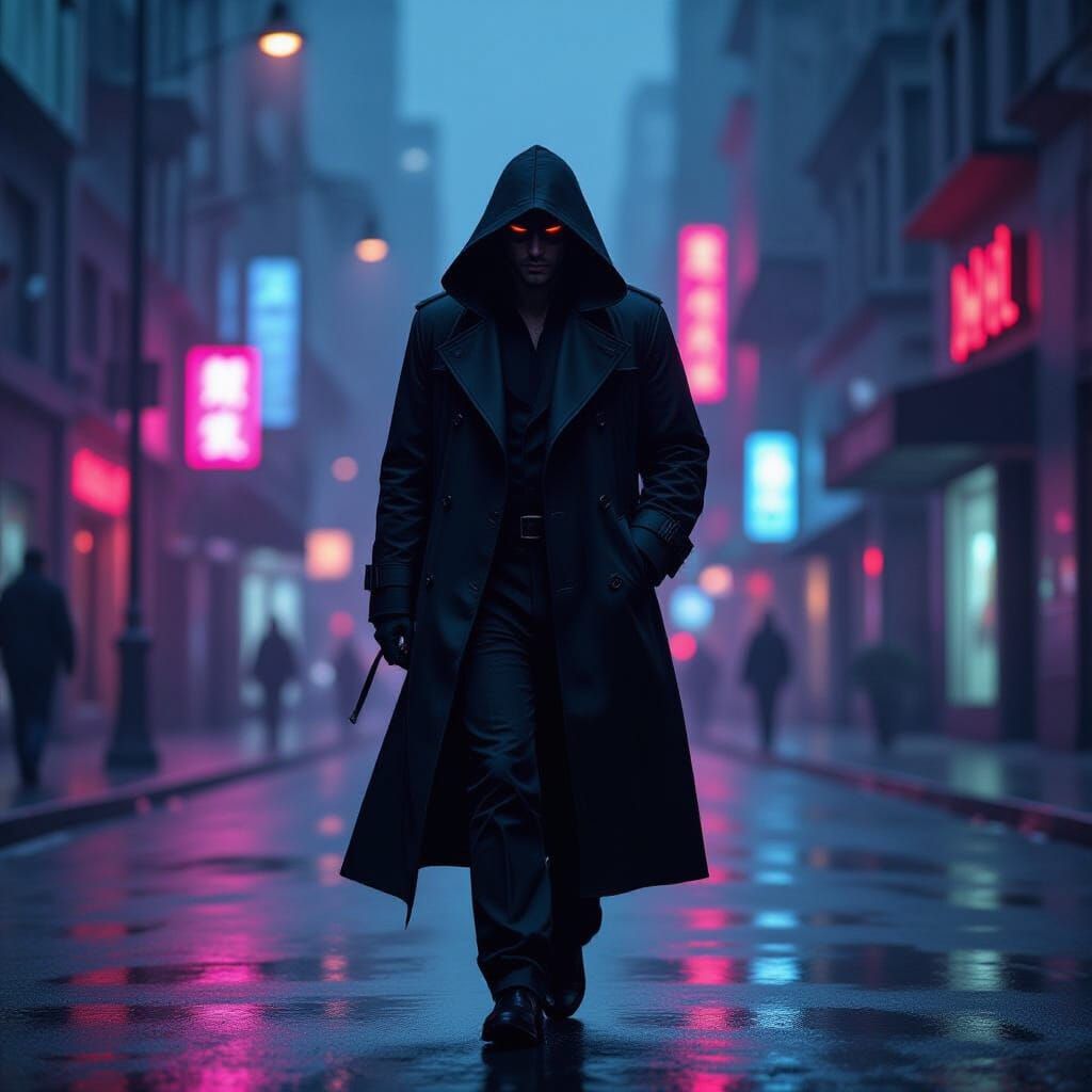 Mysterious Figure in Neon Streets, Film Noir Style