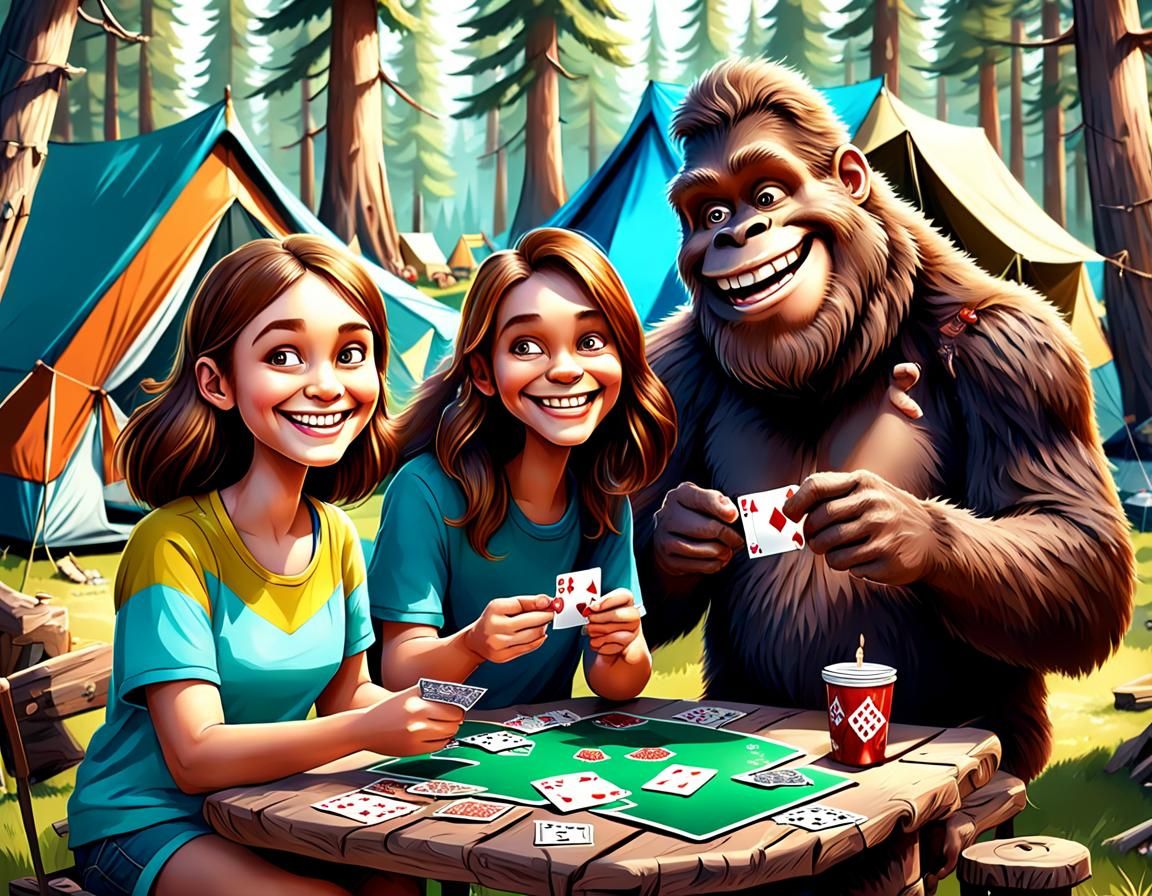 Bigfoot and Couple Play Cards: 3D Cartoon Art