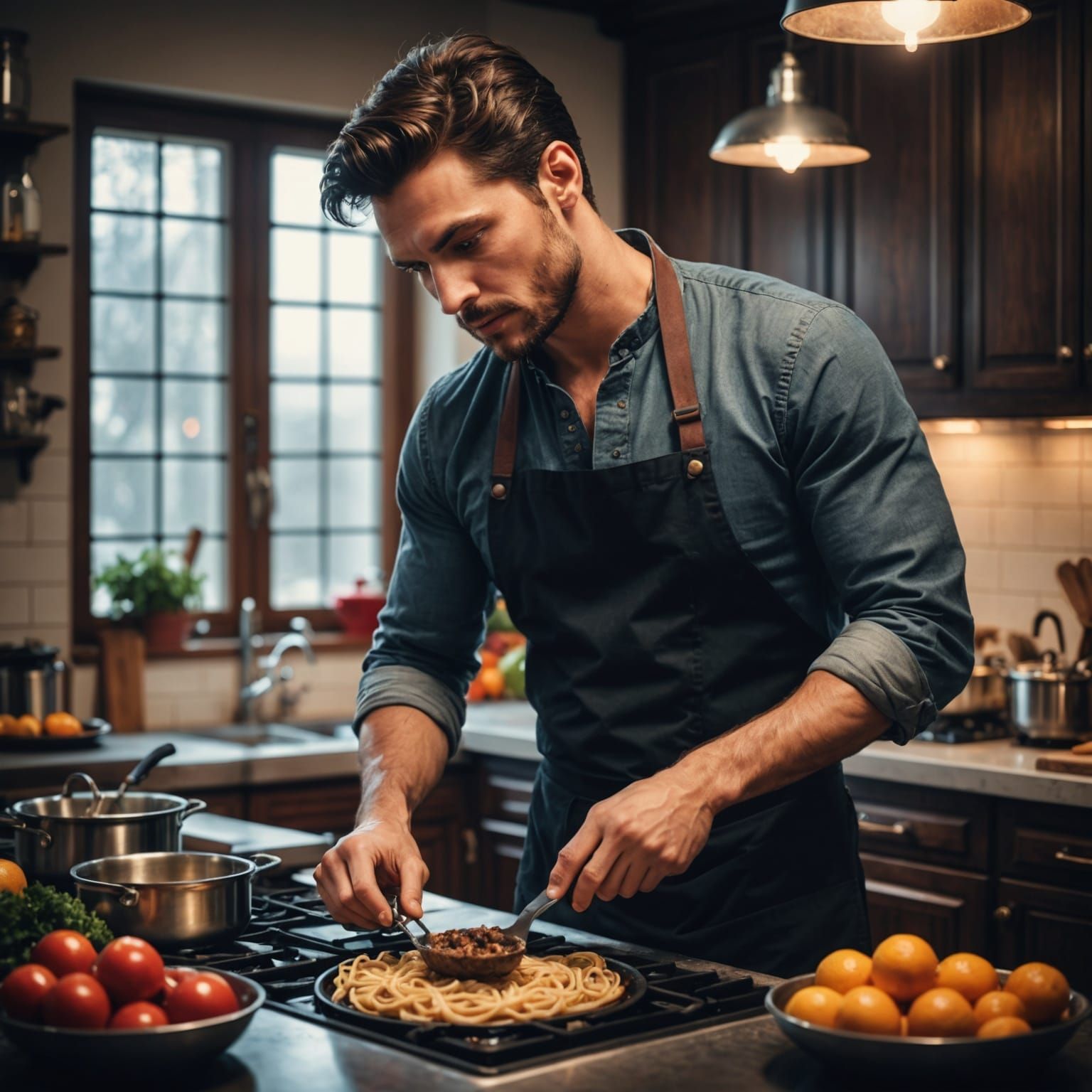 Handsome Brunette Man Cooking in a Kitchen