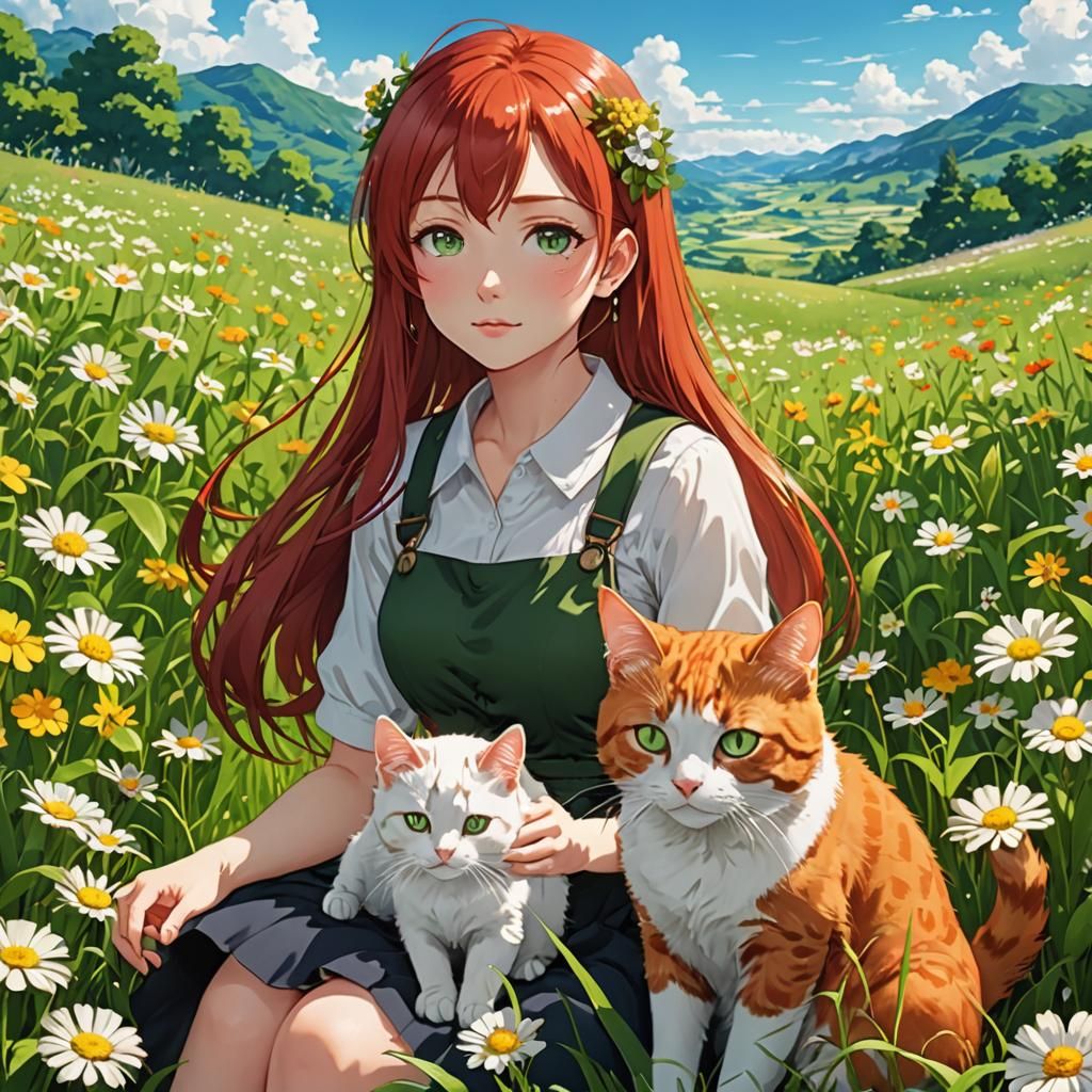 Anime Style: Girl with Cat in Flower Field