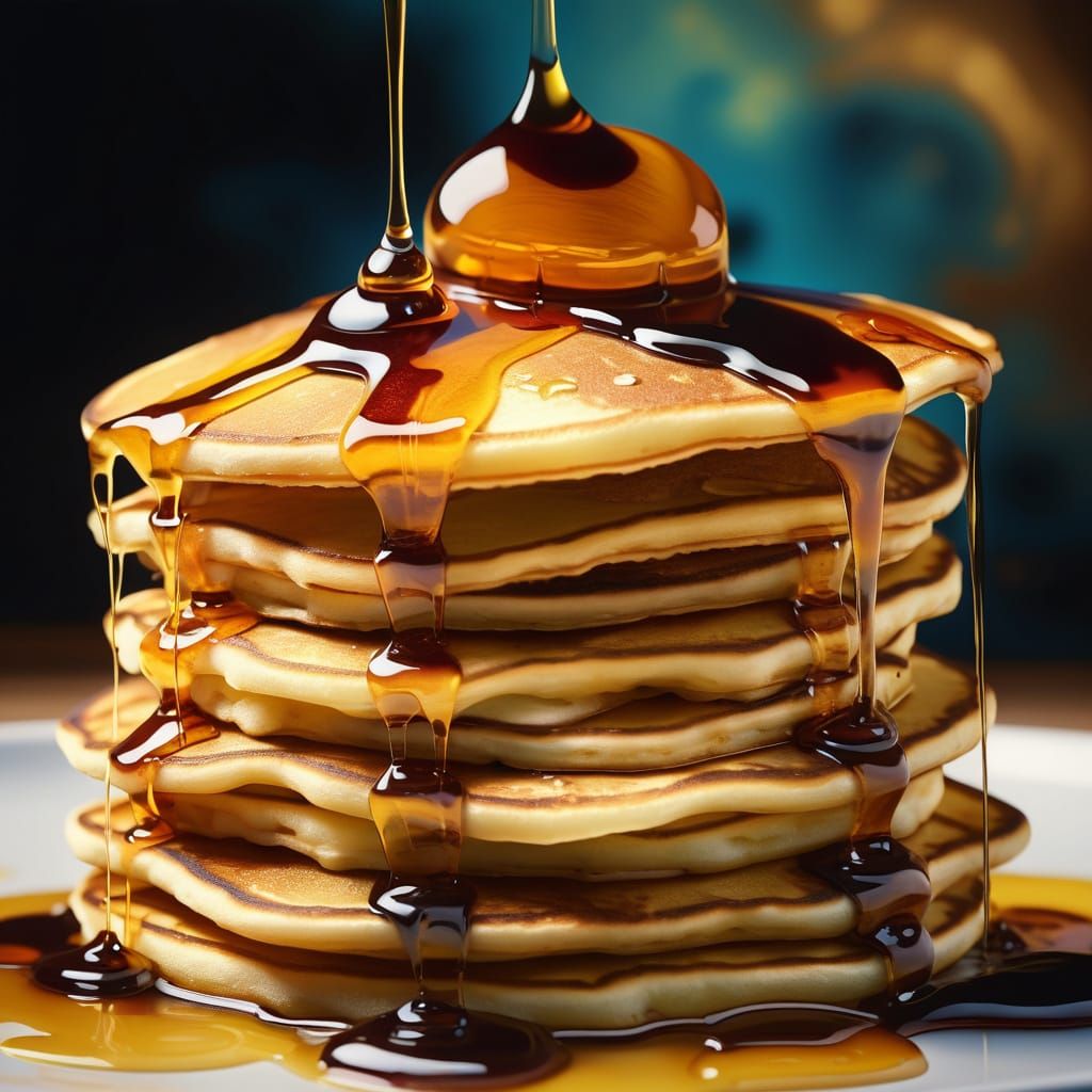A glowing stack of pancakes with syrup cascading down the side. surrealism Salvador Dali matte background melting oil on...