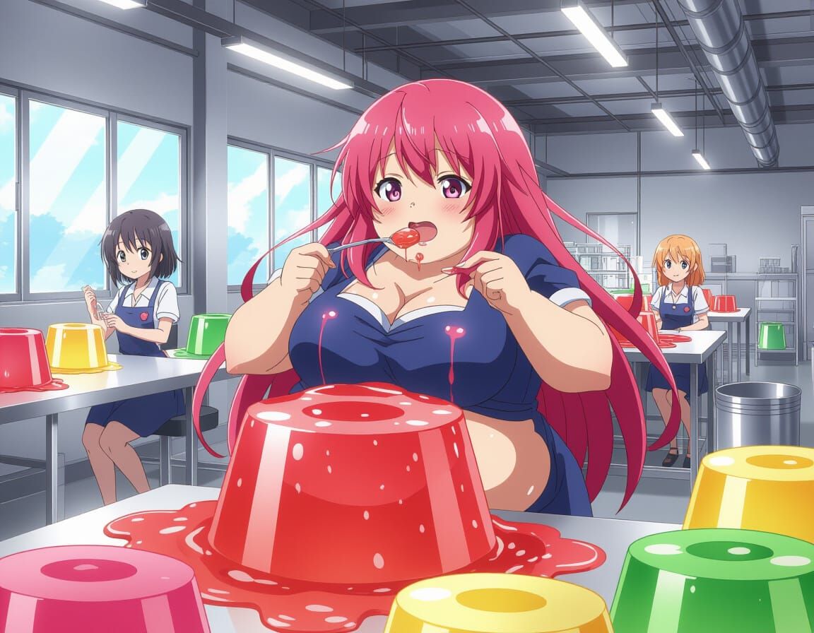 Obese Anime Girl Devours Jell-O in Factory
