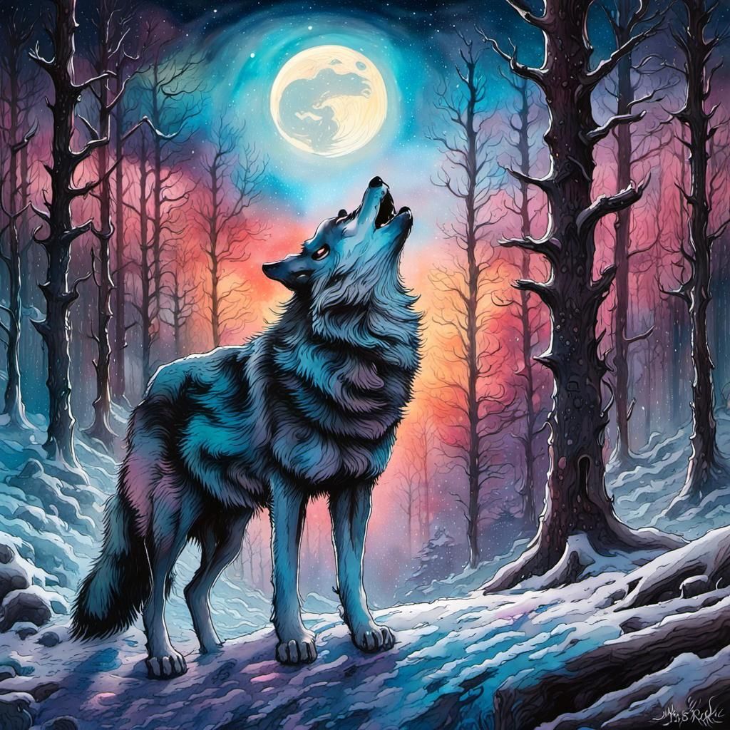 Wolf Howling in Winter Forest Watercolor
