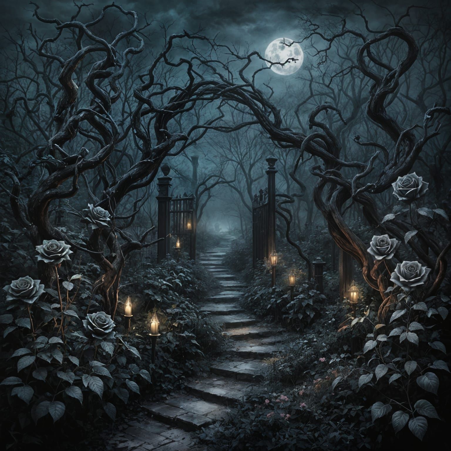 Macabre Garden Path with Black Roses