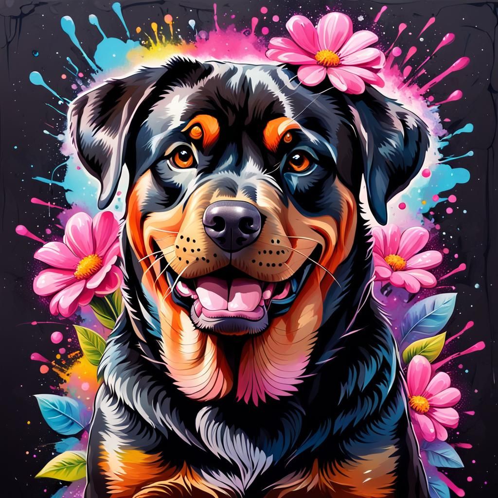 Happy Rottweiler with Flower in Graffiti Art Style
