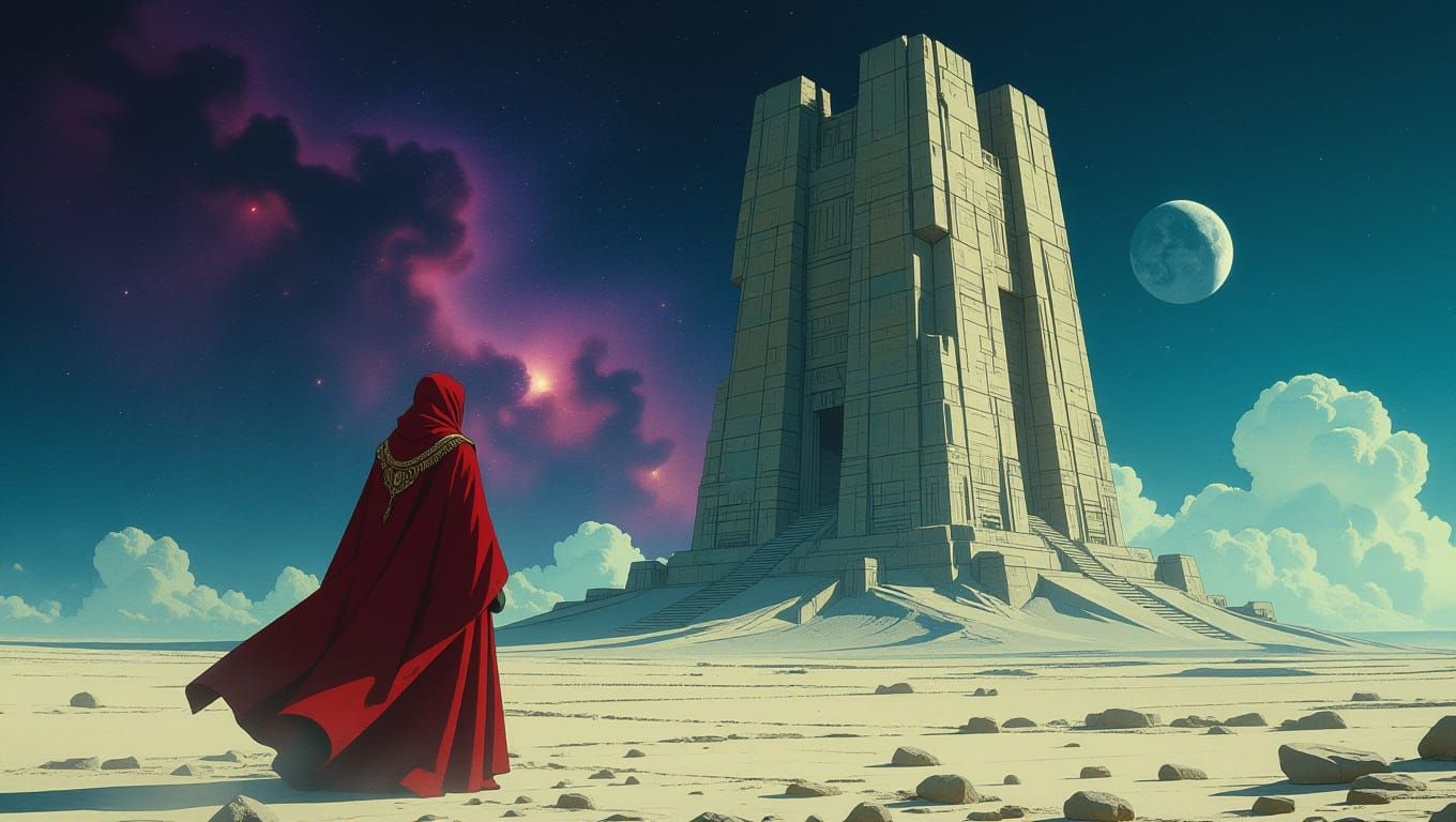 Weathered Zharan Dominion Envoy on a Desolate, Windswept Pla...