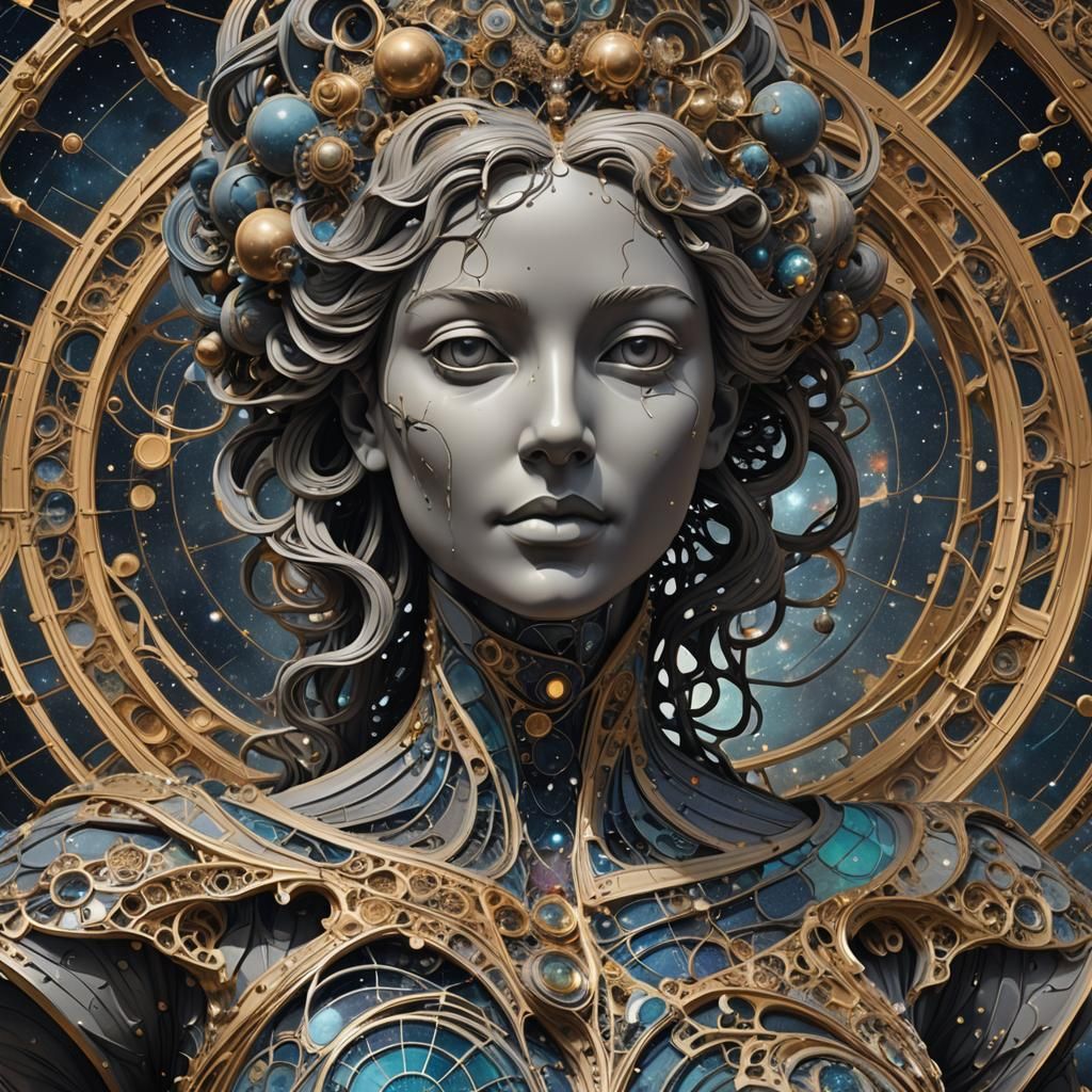 Cosmic Fractal Bust Statue in Psychedelic Surrealism