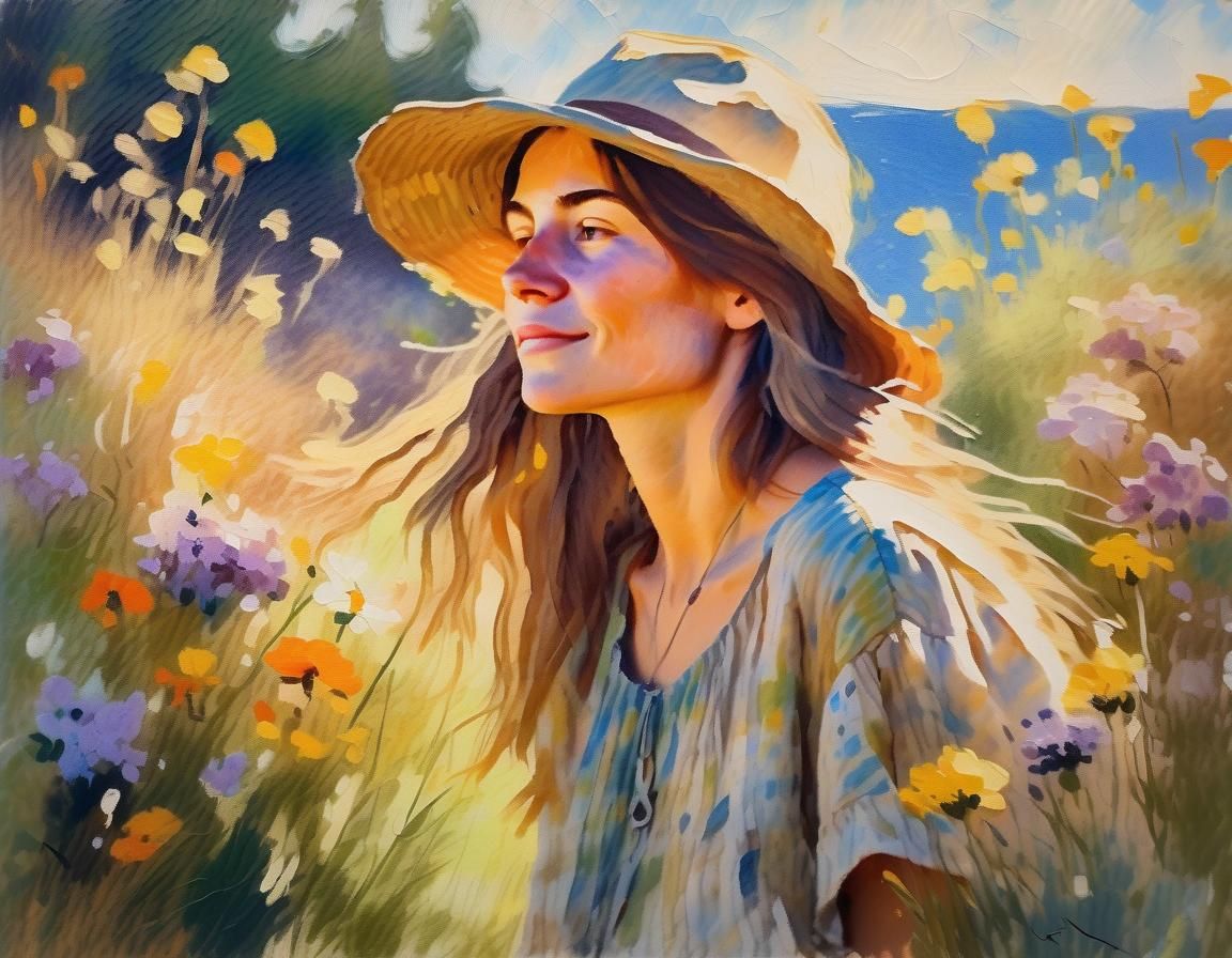 Bohemian Woman in Linen Dress: Impressionist Portrait