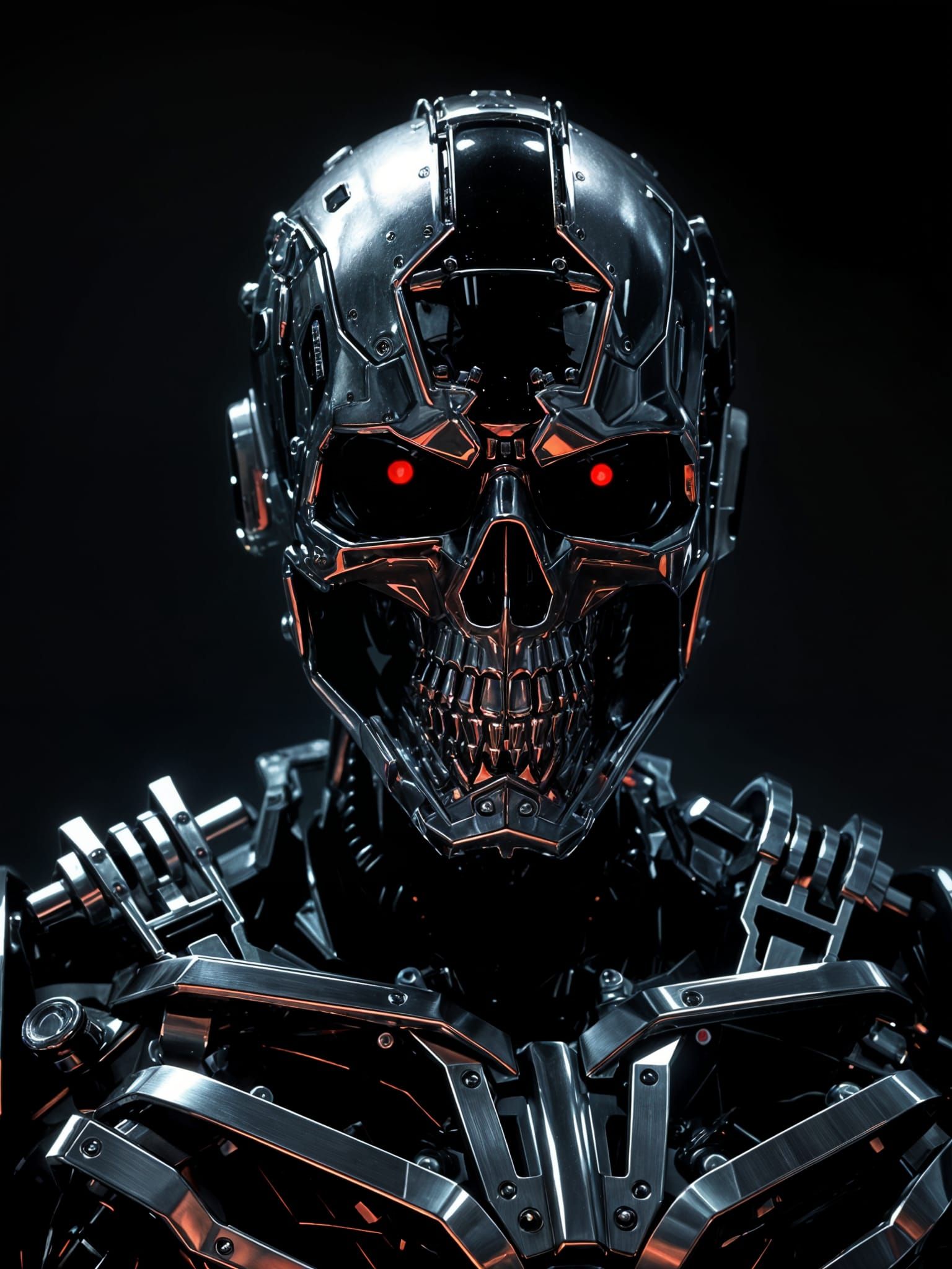 Menacing Chrome Robot Head with Glowing Red Eyes