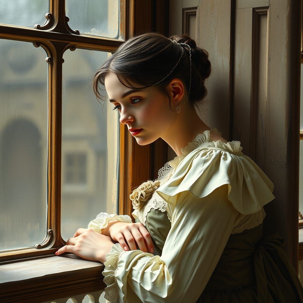 Elegant Young Woman in 18th Century Attire Contemplates Life