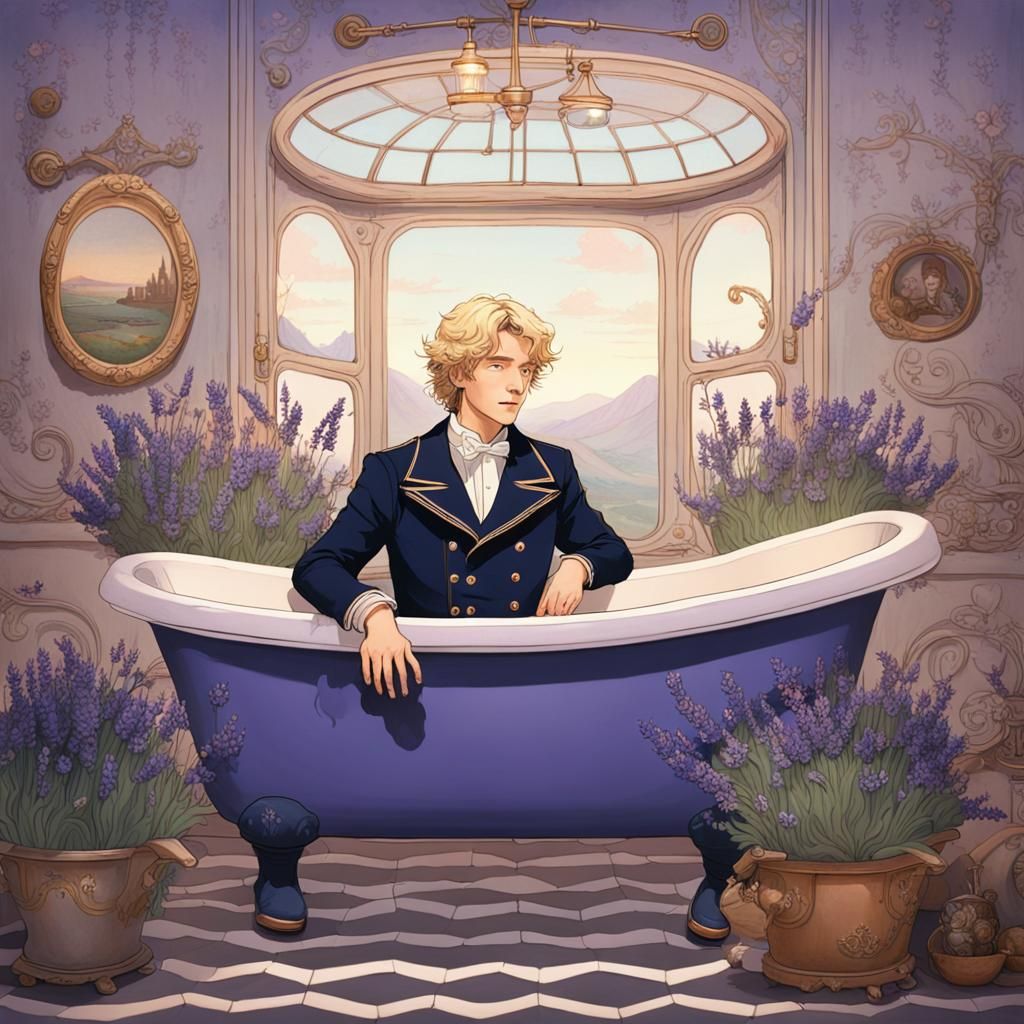 Anime-Inspired Youth in Art Nouveau Lavender Bath