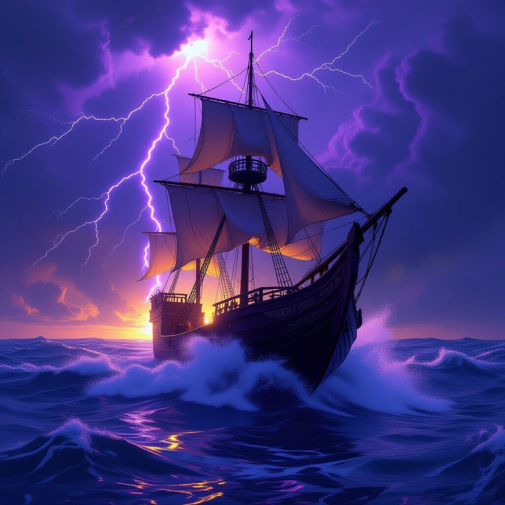 Boat in Raging Storm with Purple Lightning