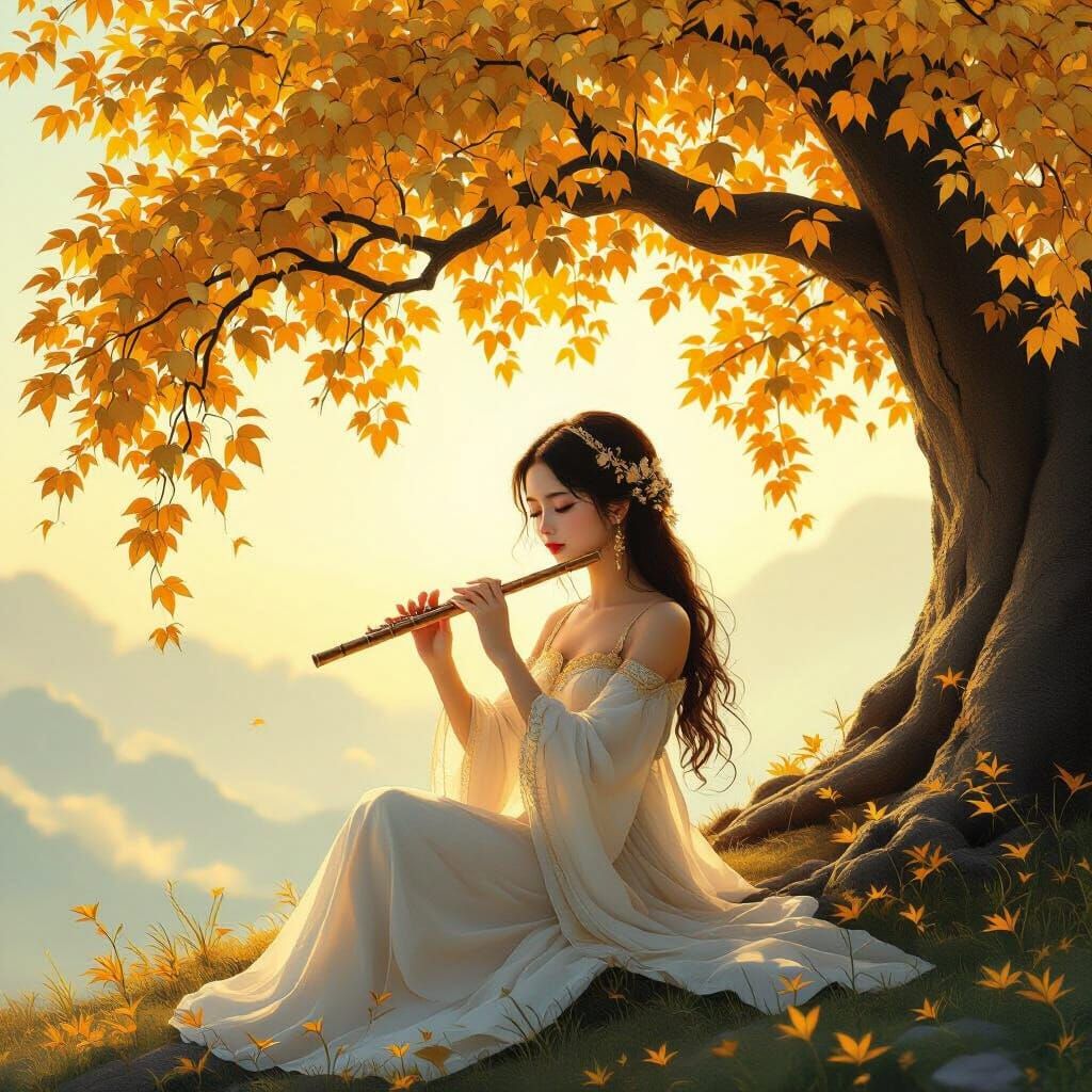 Golden Heart Tree With Flute Player in Ethereal Light