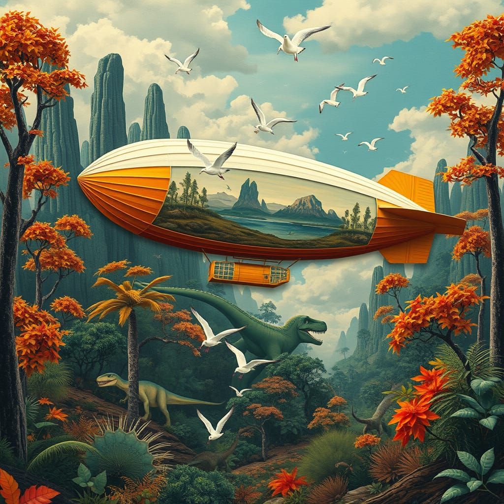 Retro-Futuristic Zeppelin in Prehistoric Jungle, Surreal Art