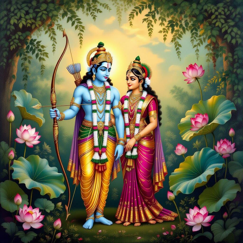 Divine Rama and Sita Mural in Mughal Miniature Style