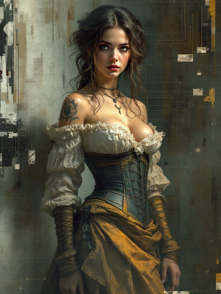 Renaissance Pin-Up Woman Amidst Glitch Art and Industrial De...