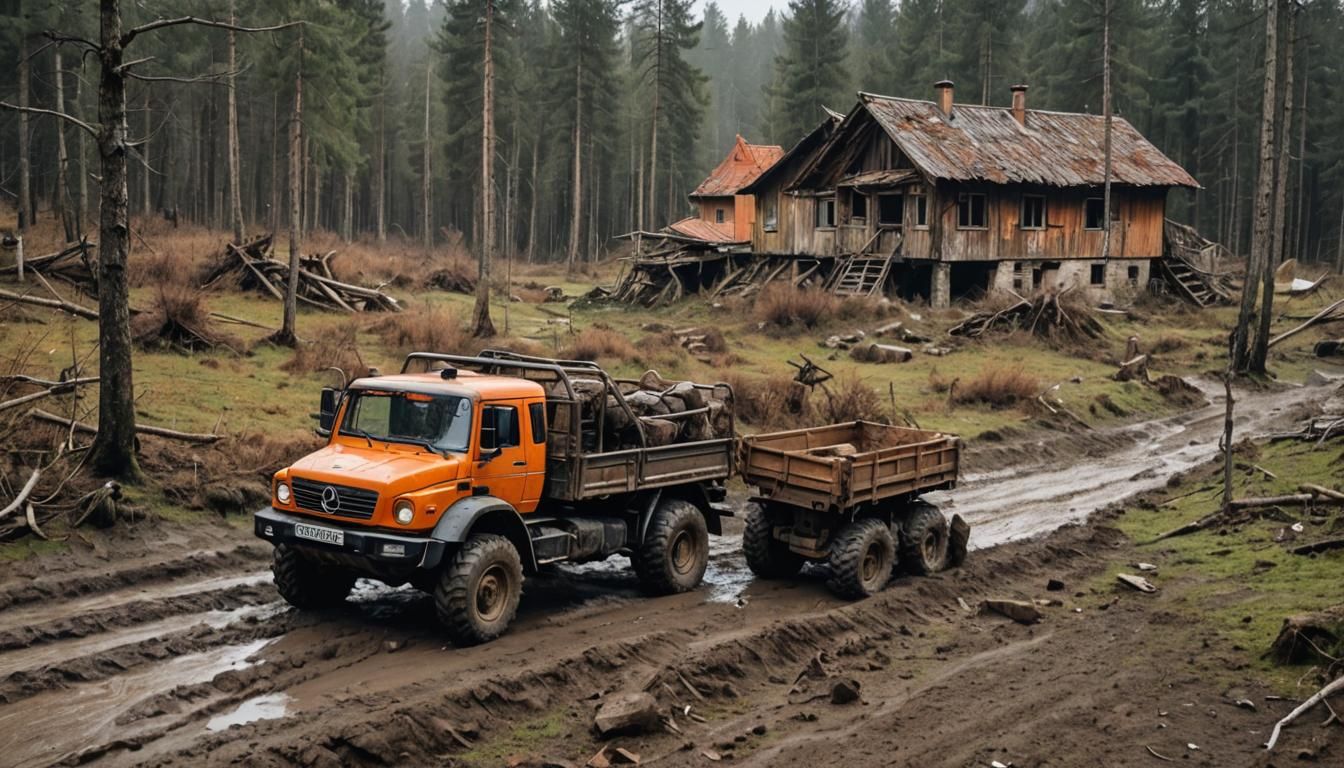 Orange Unimog Off-Roading in Abandoned Village